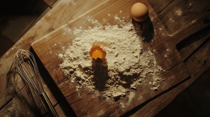 Aufkleber - Wooden board with flour and cracked egg prepared for baking. Generative AI