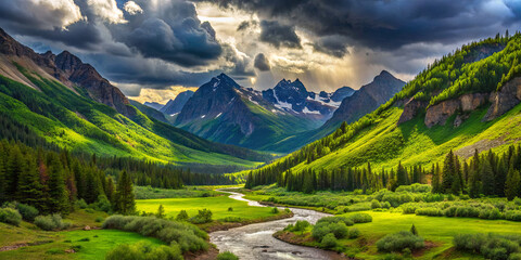 Wall Mural - A breathtaking view of mountains enveloped in greenery, with a gentle river winding through the valley. Dark clouds loom above, adding a dramatic touch to the serene environment