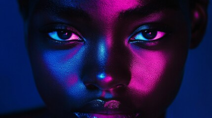 Wall Mural - Close-up portrait highlighting vibrant, colorful lighting on a smooth, dark-skinned face with striking eyes