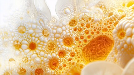 Wall Mural - abstract close-up of vibrant yellow and white foam patterns with intricate details and textures.
