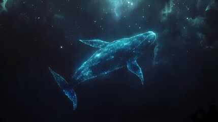 Wall Mural - A blue whale swims through a dark starry sky, its body glowing with a celestial light. Galactic Ocean Glow. Illustration