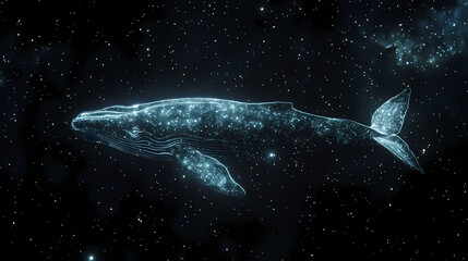 Wall Mural - A blue whale swims through a dark starry sky, its body glowing with a celestial light. Galactic Ocean Glow. Illustration