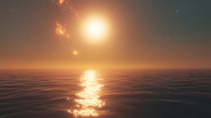 Wall Mural - A celestial sunrise over a distant ocean with bright glowing stars in the galactic expanse. Galactic Ocean Glow. Illustration