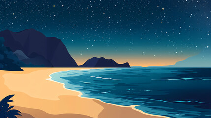 Wall Mural - a starry night sky over a dark blue ocean with a sandy beach and a mountain in the background. galac