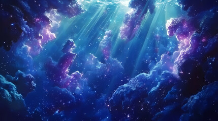 Wall Mural - Captivating underwater scene with shimmering celestial rays of light piercing through the serene deep blue ocean waters creating a magical dreamlike landscape. Galactic Ocean Glow. Illustration