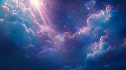 Wall Mural - Captivating underwater scene with shimmering celestial rays of light piercing through the serene deep blue ocean waters creating a magical dreamlike landscape. Galactic Ocean Glow. Illustration