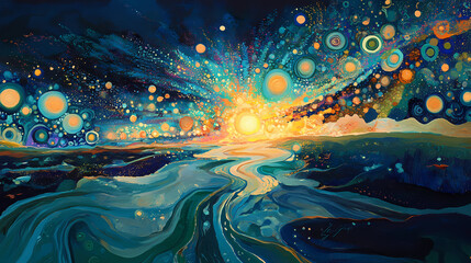 Wall Mural - Captivating underwater scene with shimmering celestial rays of light piercing through the serene deep blue ocean waters creating a magical dreamlike landscape. Galactic Ocean Glow. Illustration