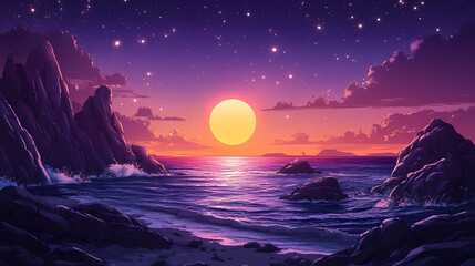 Wall Mural - Celestial sunrise over rocky landscape. Galactic Ocean Glow. Illustration
