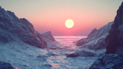 Wall Mural - Celestial sunrise over rocky landscape. Galactic Ocean Glow. Illustration