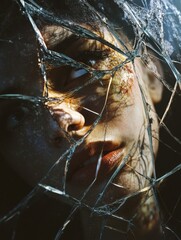 Leinwandbilder - Reflection of a fractured visage through shattered glass captures a poignant moment of introspection. Generative AI