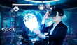 © Summit Art Creations - Smart project manager pointing at AI chat hologram and wearing headset at modern office. Professional businessman working on augmented reality goggles with blurring background. Technology. Ingenuity.