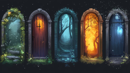 Wall Mural - Set of fantasy doors with mystical backgrounds isolated on transparent background. Mystic Forest Realm. Illustration
