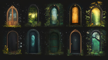 Wall Mural - Set of fantasy doors with mystical backgrounds isolated on transparent background. Mystic Forest Realm. Illustration