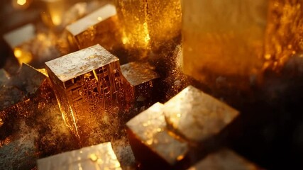 Wall Mural - Abstract close-up of golden cubes, reflecting light and texture, creating a warm and vibrant visual effect.