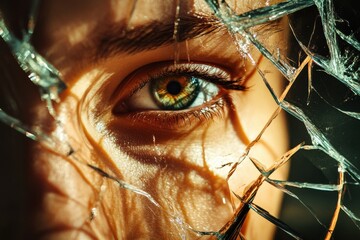 Leinwandbilder - Shattered glass reflects a persons eye surrounded by fragmented light and colors in a striking close up view. Generative AI
