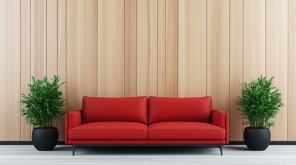 Wall Mural - Modern red sofa in stylish minimalistic living room with wooden wall and decorative green plants