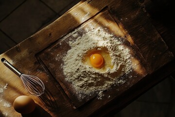 Poster - Top down view of a wooden surface with scattered flour and a cracked egg next to a whisk ready for baking or cooking. Generative AI
