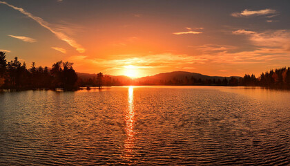 Wall Mural - a panoramic sunset over a serene lake casting warm colours on the encircling panorama