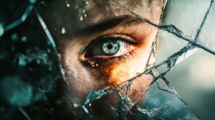 Poster - Reflective fragments reveal a persons eye amid shattered glass in an artistic display of emotion and perception. Generative AI