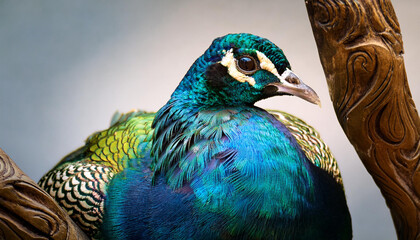 Wall Mural - a photo image of a majestic peacock pigeon with vibrant green and blue iridescent feathers perched o