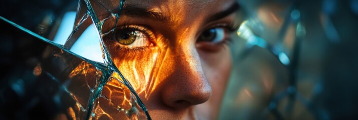 Leinwandbilder - Reflections of light on shattered glass revealing fragments of a persons face in soft, warm tones. Generative AI