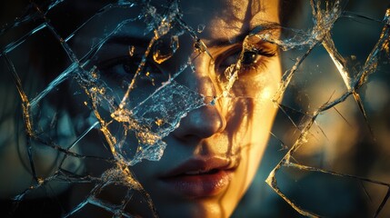 Leinwandbilder - Shattered glass reveals fragmented reflections of a persons face in an artistic composition at sunset. Generative AI