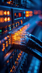 Wall Mural - connected cables illuminate network switch with vibrant lights