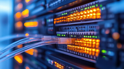 Wall Mural - high tech server with glowing lights and fiber optic cables