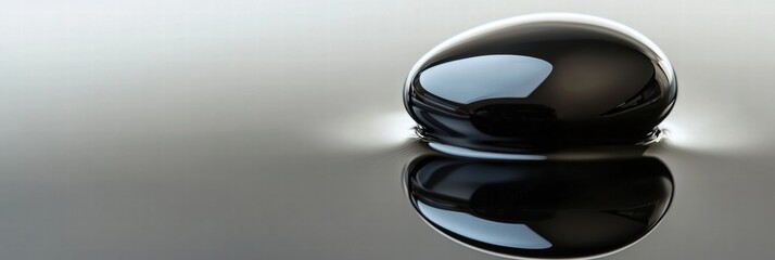 Leinwandbilder - Close up of a glossy black oil drop reflecting light on a smooth surface at a serene location. Generative AI