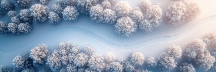 Wall Mural - Aerial View, Snowy Trail Winding Through Frost Covered Forest, Creating a Magical Winter Wonderland