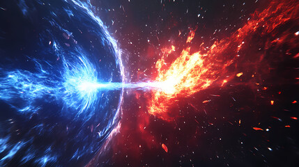 Wall Mural - Epic cosmic battle, fire and ice collision, blue lightning vs red flames, energy beams clashing, space background, star field, explosive particle effects. Cosmic Space Vortex. Illustration