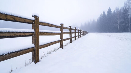 Wall Mural - snow-covered wooden fence guiding through a vast field, leading towards a misty forest, creating a s