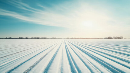 Wall Mural - Aerial shot revealing snowy agricultural landscape, precise irrigation patterns framing pristine white terrain