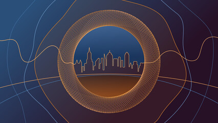 Wall Mural - abstract oriental city skyline fractal circles background for dubai estate development, blue, orange
