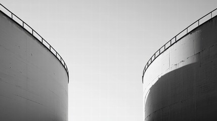 Poster - Large oil storage tanks in an industrial area against a clear sky with striking lines and forms. Generative AI