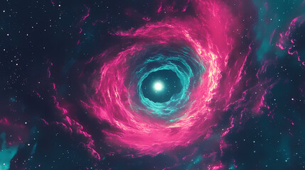 Wall Mural - A swirling nebula with vibrant pink and teal hues, creating a cosmic vortex around a bright, central void. Cosmic Space Vortex. Illustration