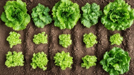 Wall Mural - Rows of vibrant green lettuce growing in rich soil, showcasing healthy agriculture in a garden