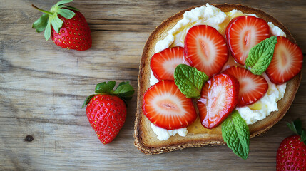 Wall Mural - Ricotta toast topped with strawberries and honey, garnished with fresh mint. The wooden background adds a warm and natural touch.