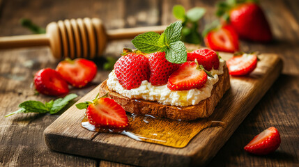 Wall Mural - Indulgent ricotta toast featuring sliced strawberries, honey drizzle, and a touch of mint, providing a delightful mix of flavors and textures. The wooden backdrop brings a homely and organic vibe to t