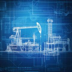 Oil drilling rig sketch on blue digital background