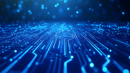 Wall Mural - Abstract image of a blue circuit board with glowing lines and points. Ideal for technology, computer science, and digital themes