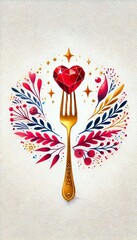 Wall Mural - Red Crystal Heart on Gold Fork Surrounded by Vibrant Decorations