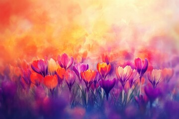 Wall Mural - Vibrant field of blooming crocus flowers, naturalistic style, pastel colors, symbolizing spring renewal