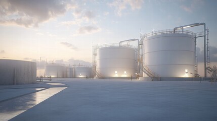 Poster - Industrial oil storage tanks at a facility during a serene early morning with soft light and clear skies. Generative AI