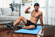 © InfiniteFlow - Athletic and sporty man frustrated due to hard difficulty of online body workout exercise session for fit physique and healthy sport lifestyle at home. Gaiety home exercise workout training concept.