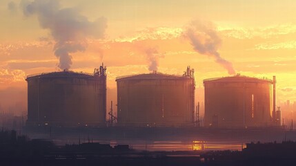 Poster - Large oil storage tanks against a sunset backdrop in an industrial area with smoke rising from the facility. Generative AI