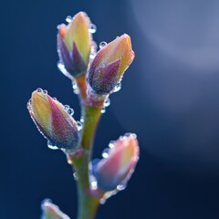 Wall Mural - Fresh green plant buds with dew droplets, macro photography, natural colors, botanical beauty