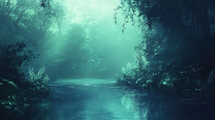 Wall Mural - Mysterious blue-green river surrounded by lush foliage, creating an ethereal and tranquil atmosphere.