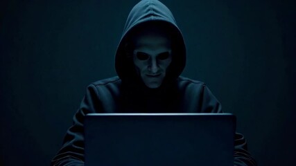 Mysterious Figure in a Hoodie Using a Laptop in a Dark Room