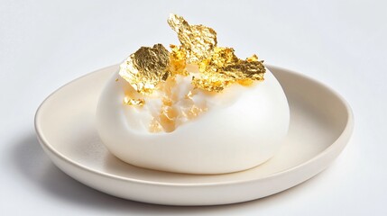 Poster - A plate of truffle-infused foam garnished with edible 24K gold leaf, isolated on a pristine white surface